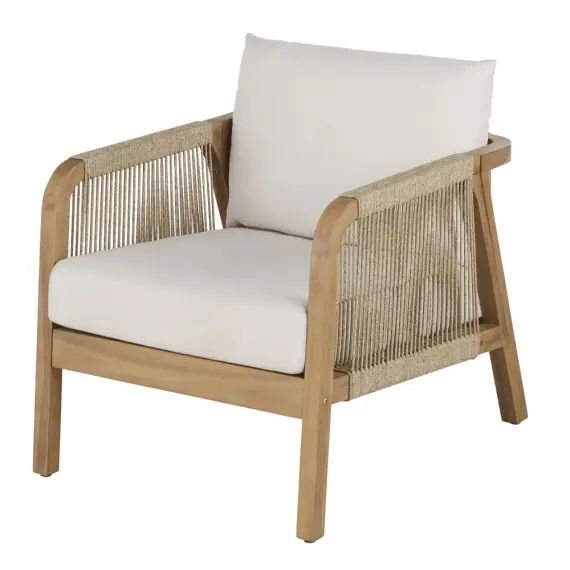 Fauteuil de jardin en bois d&rsquo;acacia massif et coussins écrus
