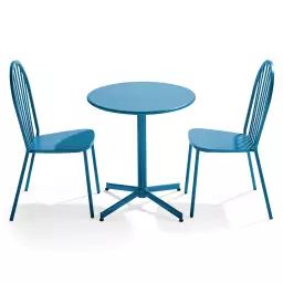 Ensemble table ronde et 2 chaises de jardin en métal bleu pacific