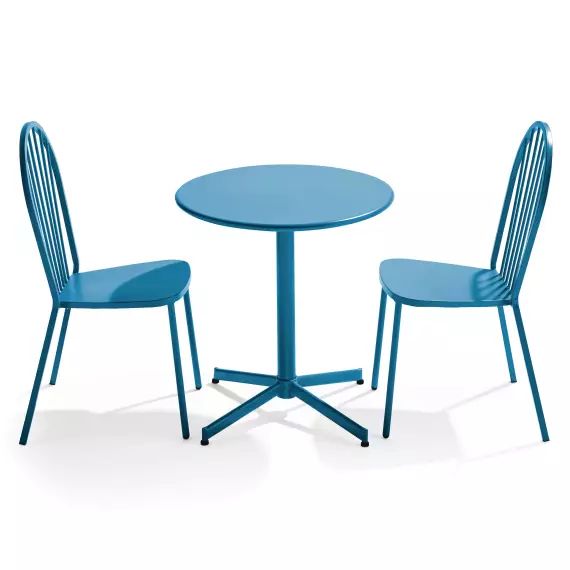 Ensemble table ronde et 2 chaises de jardin en métal bleu pacific