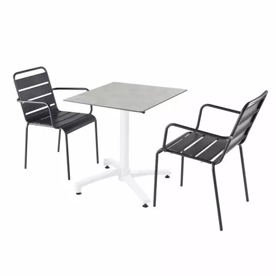 Ensemble table jardin stratifié béton et 2 fauteuils gris