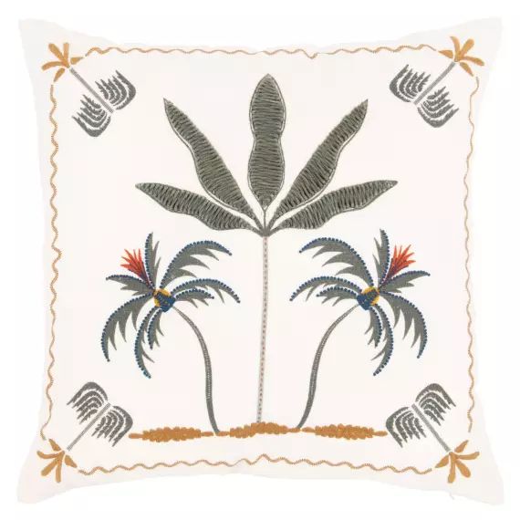 Housse de coussin en coton brodé motif exotique écru imprimé 40×40