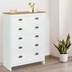 Commode style campagne chic 6 tiroirs blanche et bois