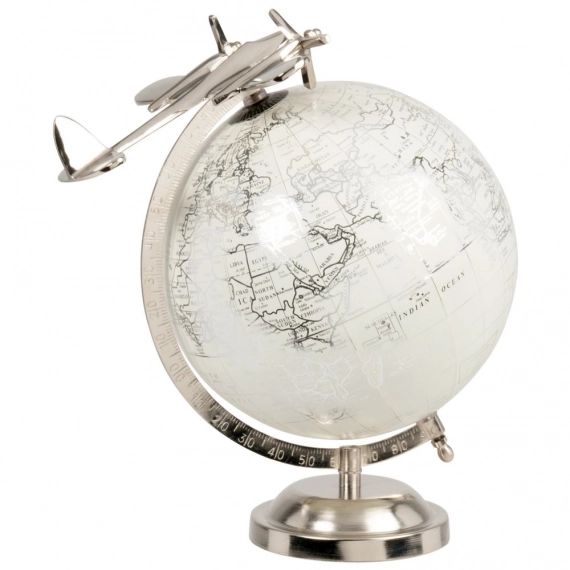 Globe terrestre carte du monde et avion en métal blanc et gris
