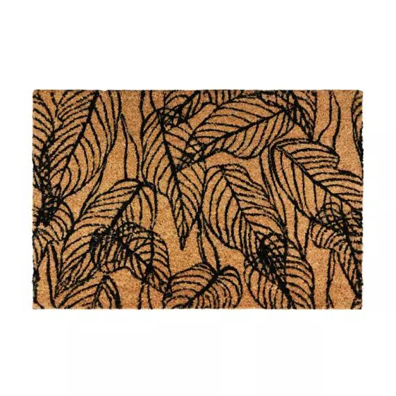 Paillasson fibre de coco motif feuilles naturel-noir 60×40