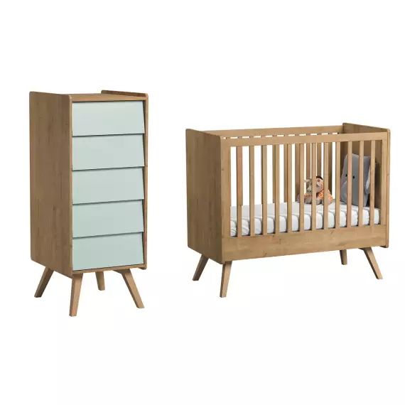 Chambre bébé : Duo – Lit bébé 60×120 chiffonnier naturel vert