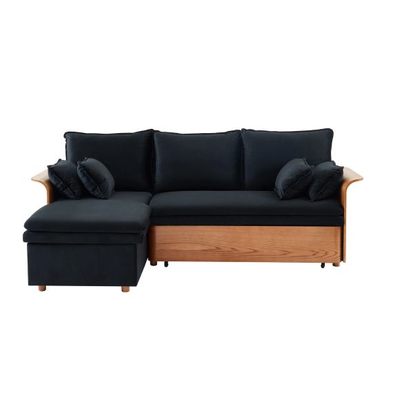 Canapé d&rsquo;angle convertible en velours 4 places  noir
