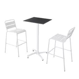 Ensemble table haute stratifié noir et 2 chaises hautes blanc