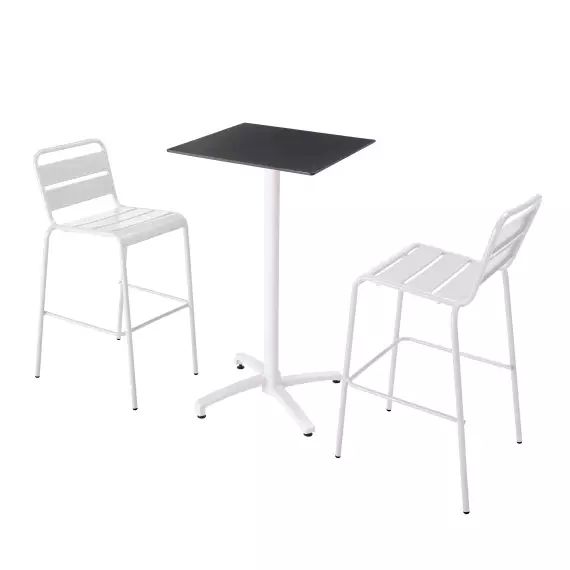 Ensemble table haute stratifié noir et 2 chaises hautes blanc