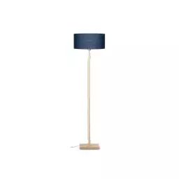 Lampadaire bambou abat-jour lin bleu denim, h. 167cm