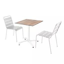 Ensemble table de jardin stratifié chêne foncé et 2 chaises blanc