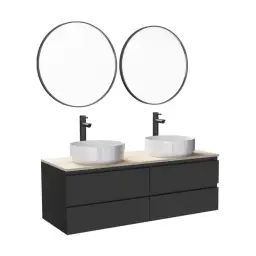 Meuble double vasque 120cm avec plan bois  Noir +vasque+robinet+miroir