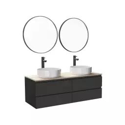 Meuble double vasque 120cm avec plan bois  Noir +vasque+robinet+miroir