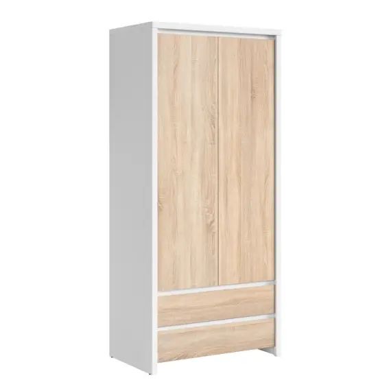 Armoire 2 portes 2 tiroirs panneaux agglomérés naturel et blanc