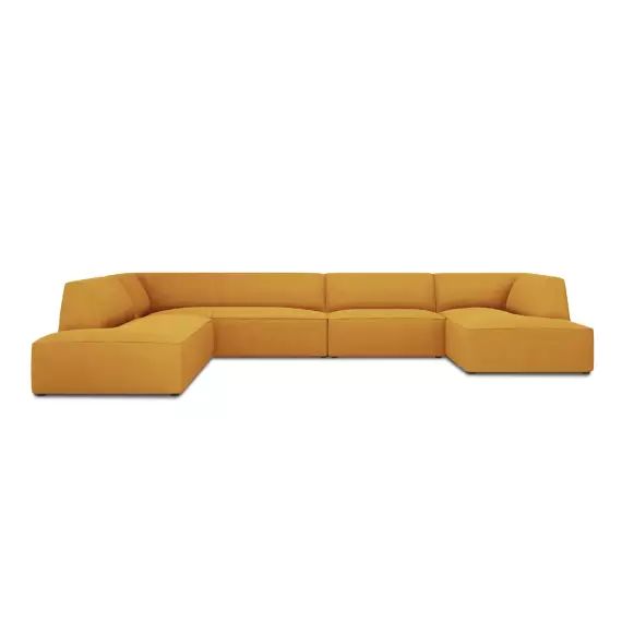 Canapé d’angle gauche panoramique 7 places en tissu structurel jaune