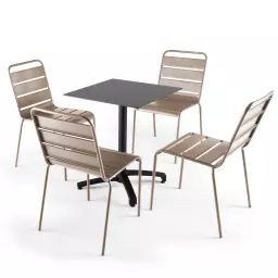 Ensemble table de jardin stratifié noir et 4 fauteuils taupe