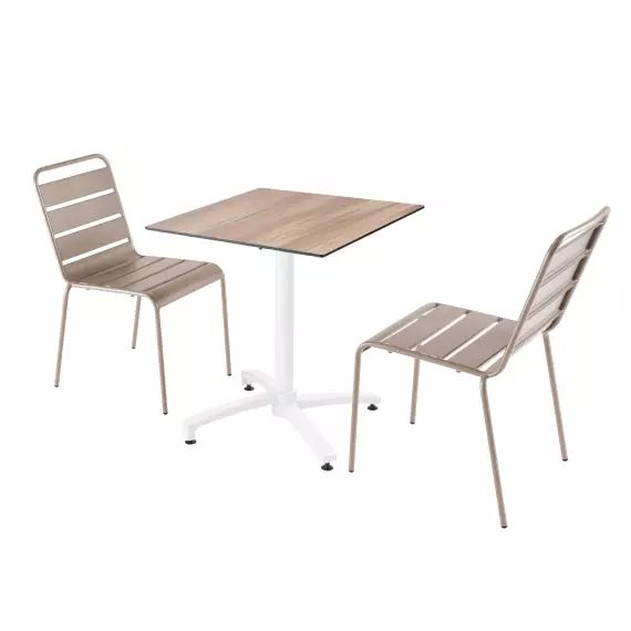 Ensemble table de jardin stratifié chêne foncé et 2 chaises taupe