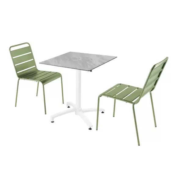 Ensemble table de jardin stratifié marbre et 2 chaises vert cactus