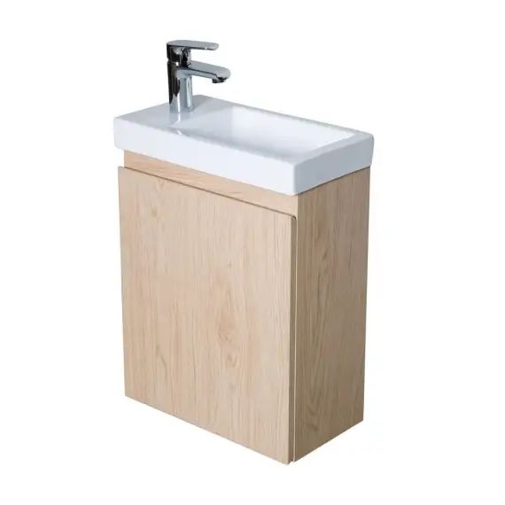 Meuble lave-mains décor chêne + robinet noir