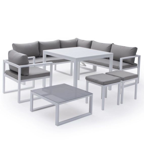 Salon de jardin 7 places en tissu gris et aluminium blanc