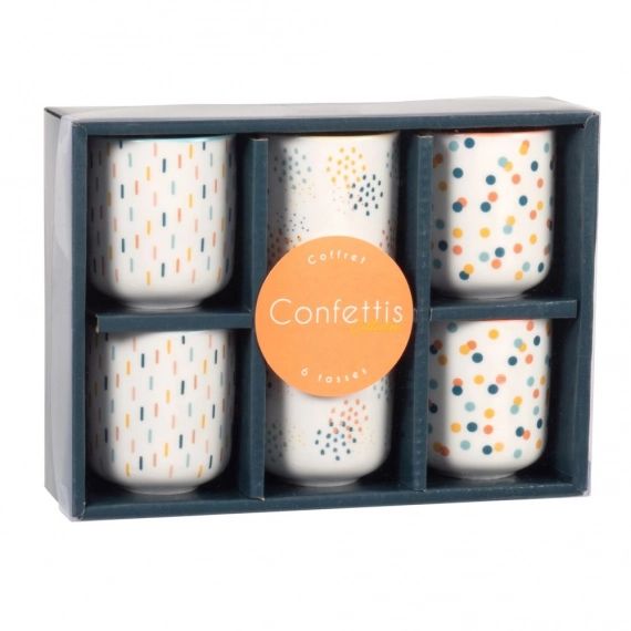 Coffret 6 tasses en porcelaine motifs orange, jaunes et bleus