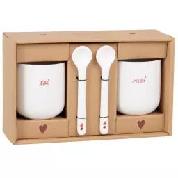 Coffret tasses en grès blanc avec inscriptions rouges (x2) et cuillères