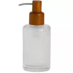Distributeur de savon en verre strié et acacia 7x7x18cm