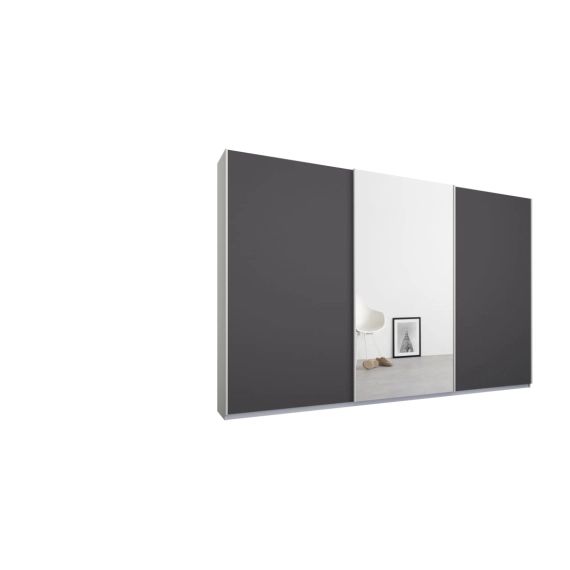 Malix, armoire à 3 portes coulissantes, 270 cm, cadre blanc et portes gris graphite mat et miroir, intérieur premium