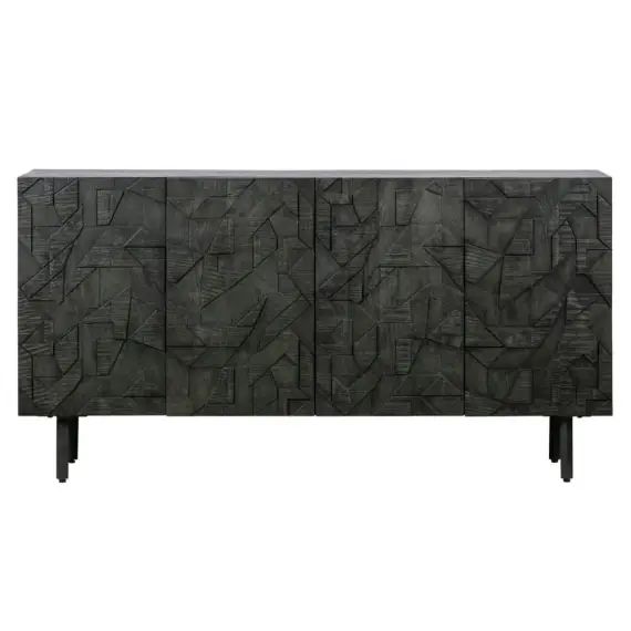 Buffet bas 4 portes sculptées en bois et métal noir