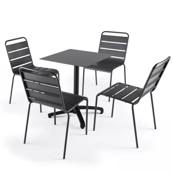 Ensemble table de jardin statifié noir et 4 chaises gris