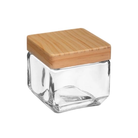Bocal cuisine carré en verre avec bouchon bois – 0.85L