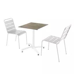 Ensemble table de jardin stratifié marbre beige et 2 chaises blanc