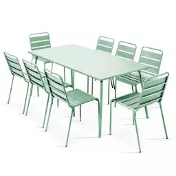 Ensemble table de jardin et 8 chaises en métal vert sauge