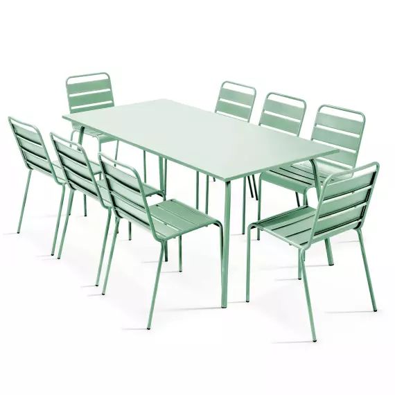 Ensemble table de jardin et 8 chaises en métal vert sauge