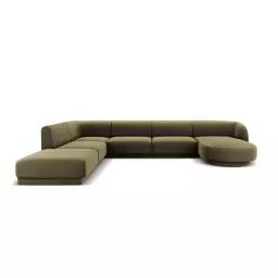 Canapé d’angle côté gauche 6 places en tissu velours vert