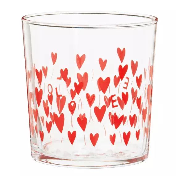 Gobelet en verre transparent motifs cœurs rouges