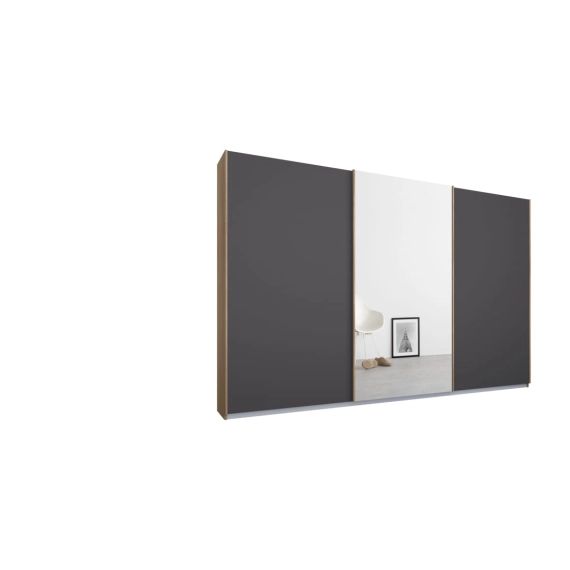 Malix, armoire à 3 portes coulissantes, 270 cm, cadre chêne et portes gris graphite mat et miroir, intérieur premium