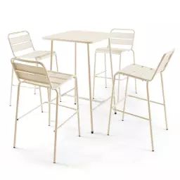 Ensemble table de bar et 4 chaises hautes en métal ivoire