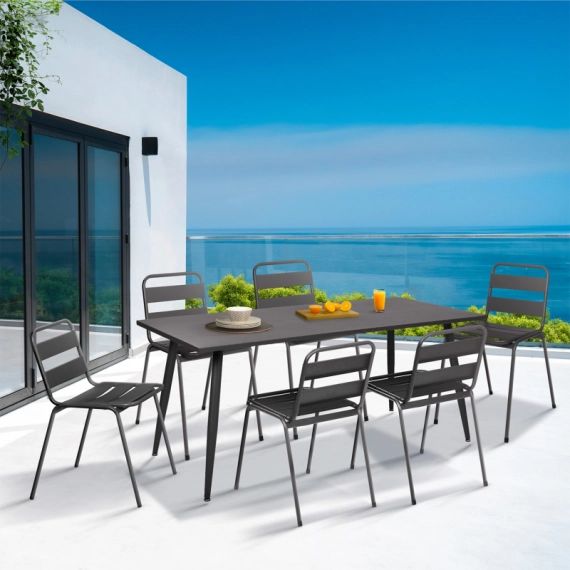 Salon de jardin VALENCIA en acier table 180 cm et 6 chaises empilables gris anthracite