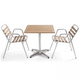 Ensemble terrasse table carrée et 2 chaises en bois et aluminium gris