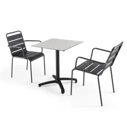 Ensemble table de jardin stratifié terrazzo et 2 fauteuils gris