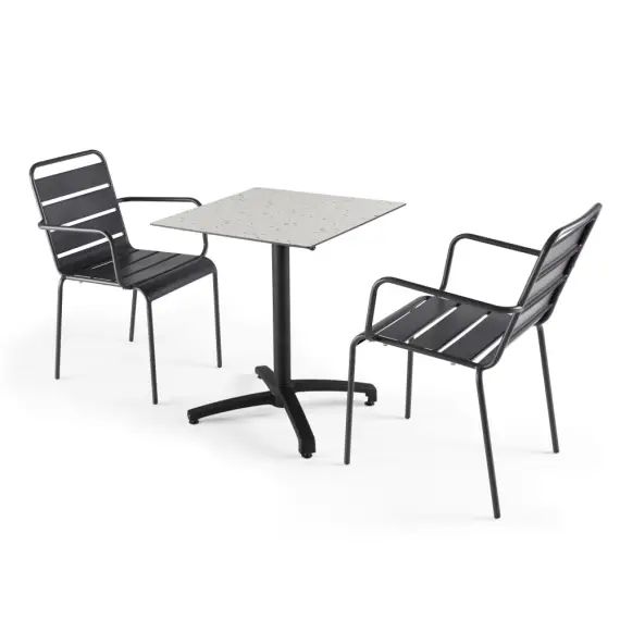 Ensemble table de jardin stratifié terrazzo et 2 fauteuils gris