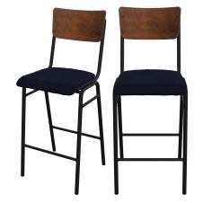 Chaise de bar 75 cm en bois foncé, velours bleu (lot de 2)