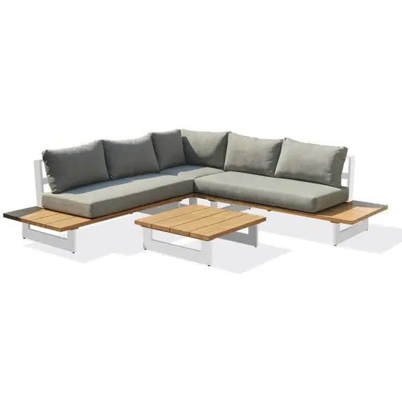 Salon de jardin 5 places en aluminium blanc et plateau imitation bois
