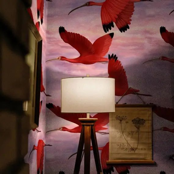 Papier Peint Tropical Rose Oiseaux au Coucher du Soleil 250×200 cm