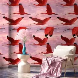 Papier Peint Tropical Rose Oiseaux au Coucher du Soleil 250×200 cm