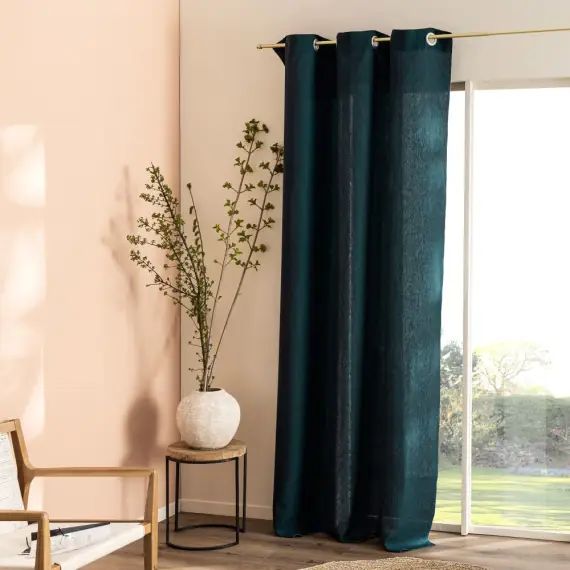 Rideau à œillets en pur lin lavé  150x260cm Vert Paon-gris Clair
