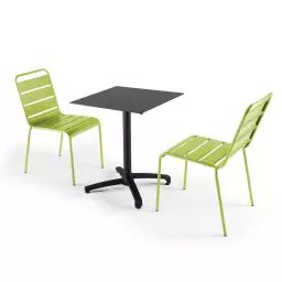 Ensemble table de jardin stratifié noir et 2 chaises vert