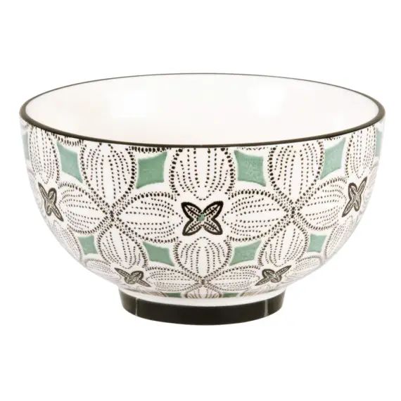 Bol en grès motifs graphiques bleu gris, verts et blancs