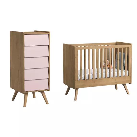 Chambre bébé : Duo – Lit bébé 60×120 chiffonnier naturel rose