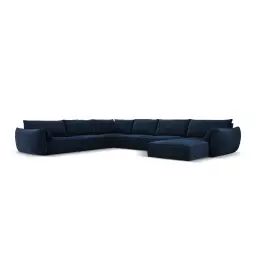 Canapé d’angle gauche panoramique 8 places en tissu velours bleu roi